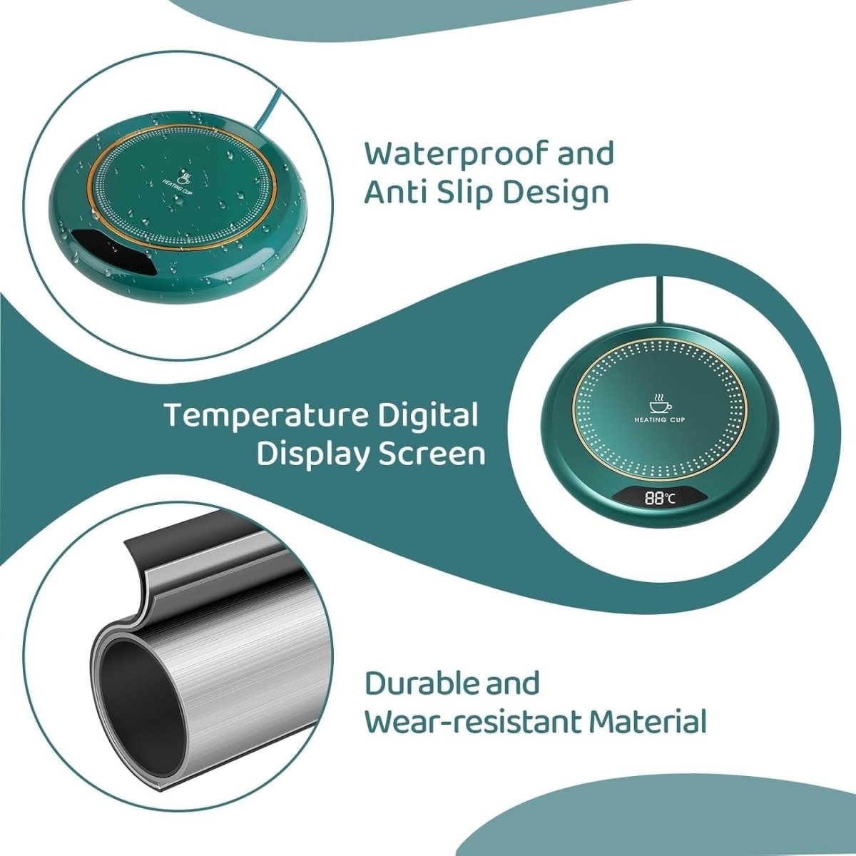 Green USB Coffee Mug Warmer 3 Temp LCD Touch 8H Auto Shut Off - Kwikley