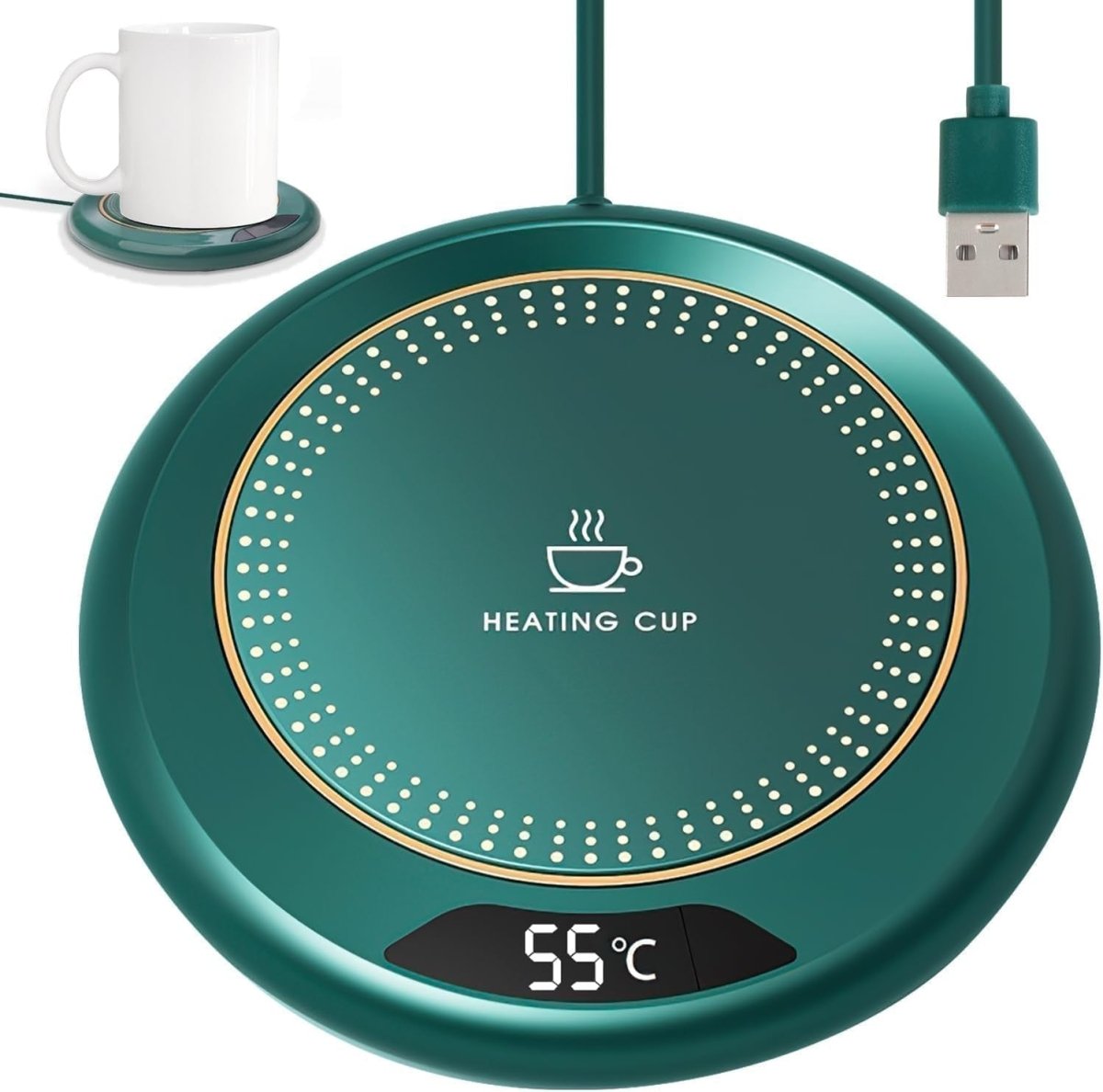 Green USB Coffee Mug Warmer 3 Temp LED Display 8H Auto Shut Off - Kwikley