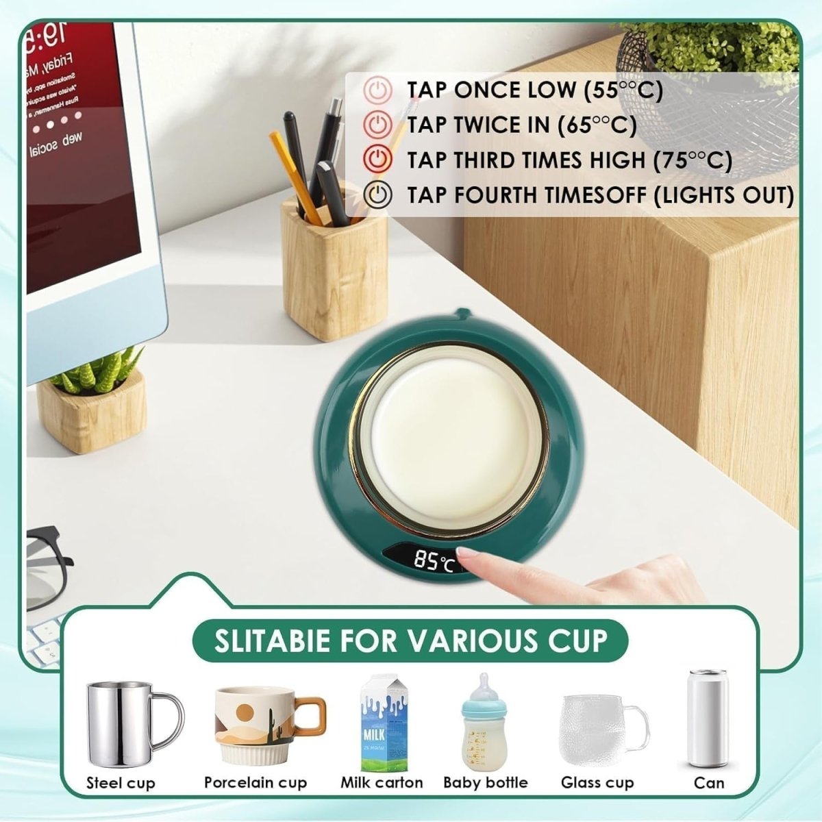 Green USB Coffee Mug Warmer 3 Temp LED Display 8H Auto Shut Off - Kwikley