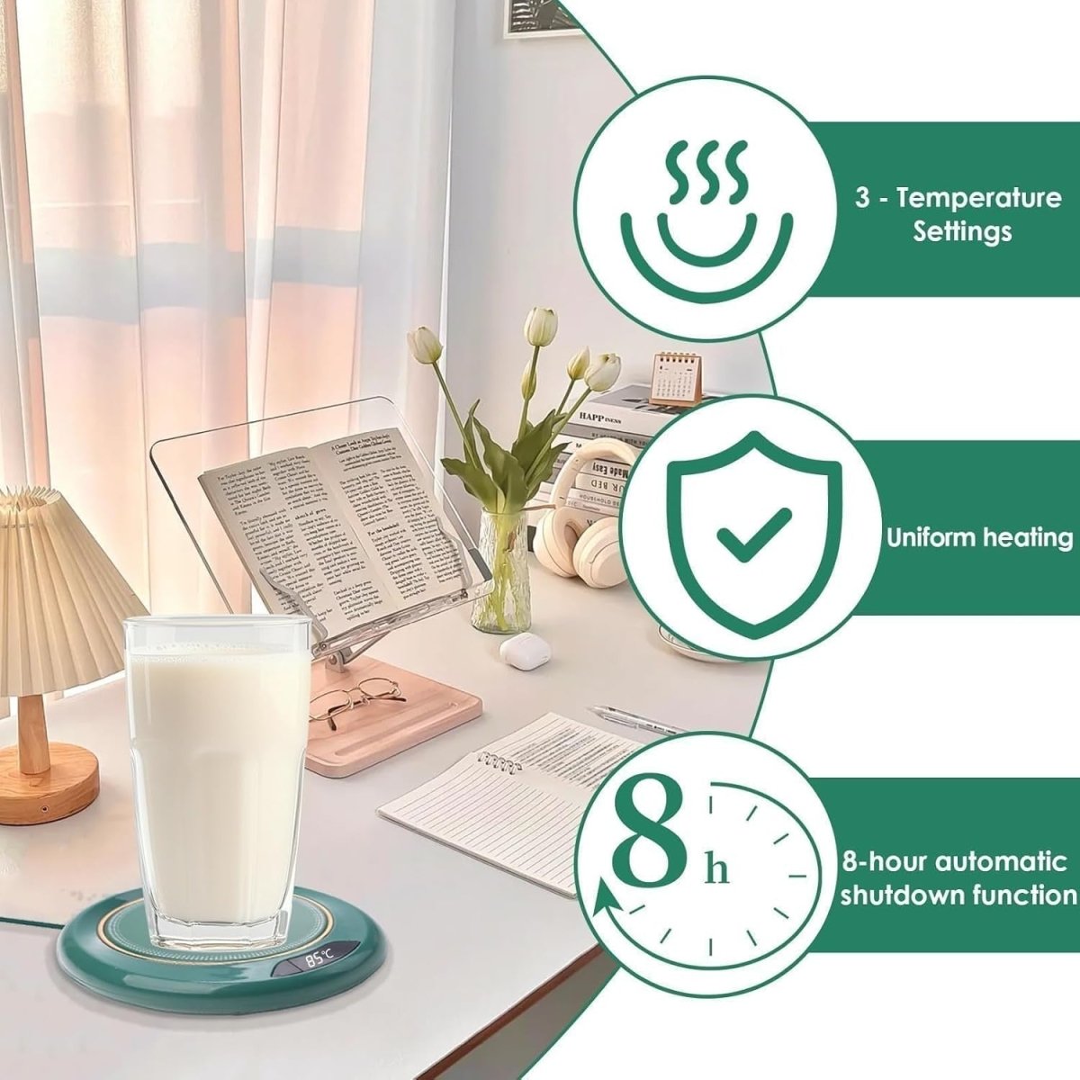 Green USB Coffee Mug Warmer 3 Temp LED Display 8H Auto Shut Off - Kwikley
