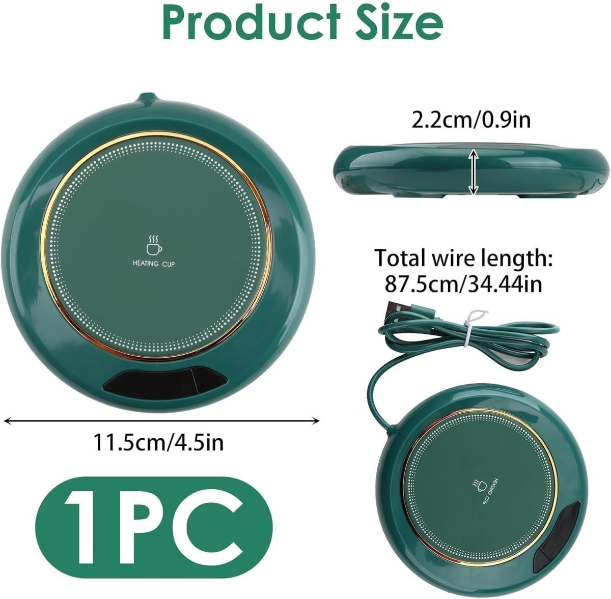 Green USB Coffee Mug Warmer 3 Temp LED Display 8H Auto Shut Off - Kwikley