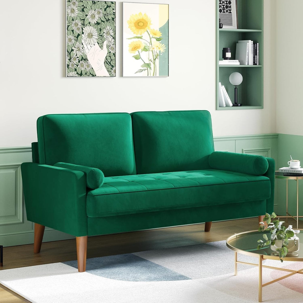 Green Velvet 2 Seater Sofa Small Space Comfy Couch Wood Legs Living Room - Kwikley