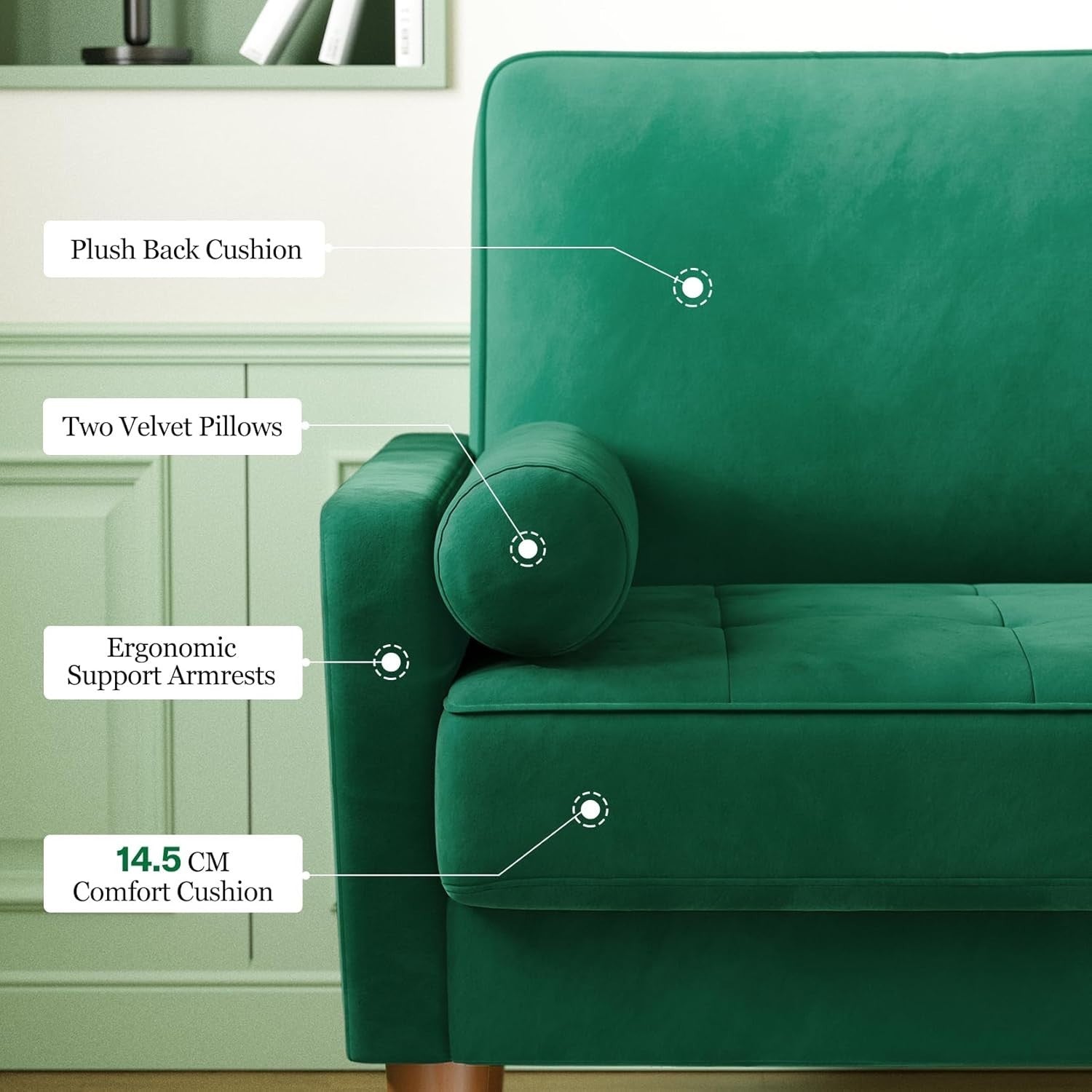 Green Velvet 2 Seater Sofa Small Space Comfy Couch Wood Legs Living Room - Kwikley