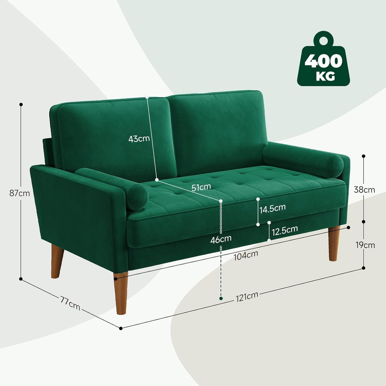 Green Velvet 2 Seater Sofa Small Space Comfy Couch Wood Legs Living Room - Kwikley