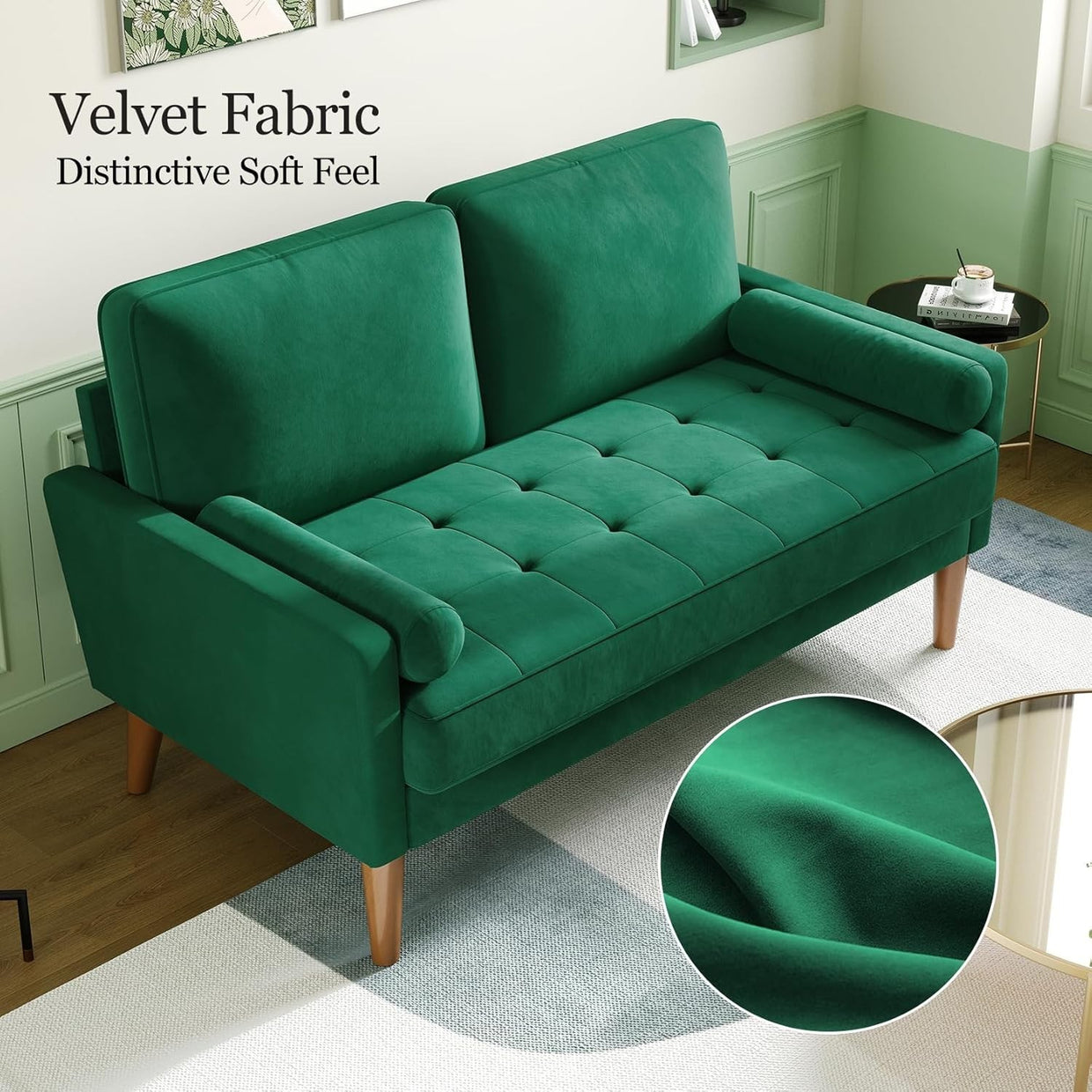 Green Velvet 2 Seater Sofa Small Space Comfy Couch Wood Legs Living Room - Kwikley