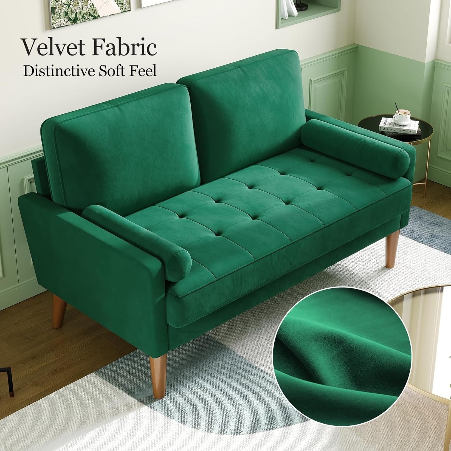 Green Velvet 2 Seater Sofa Small Space Comfy Couch Wood Legs Living Room - Kwikley