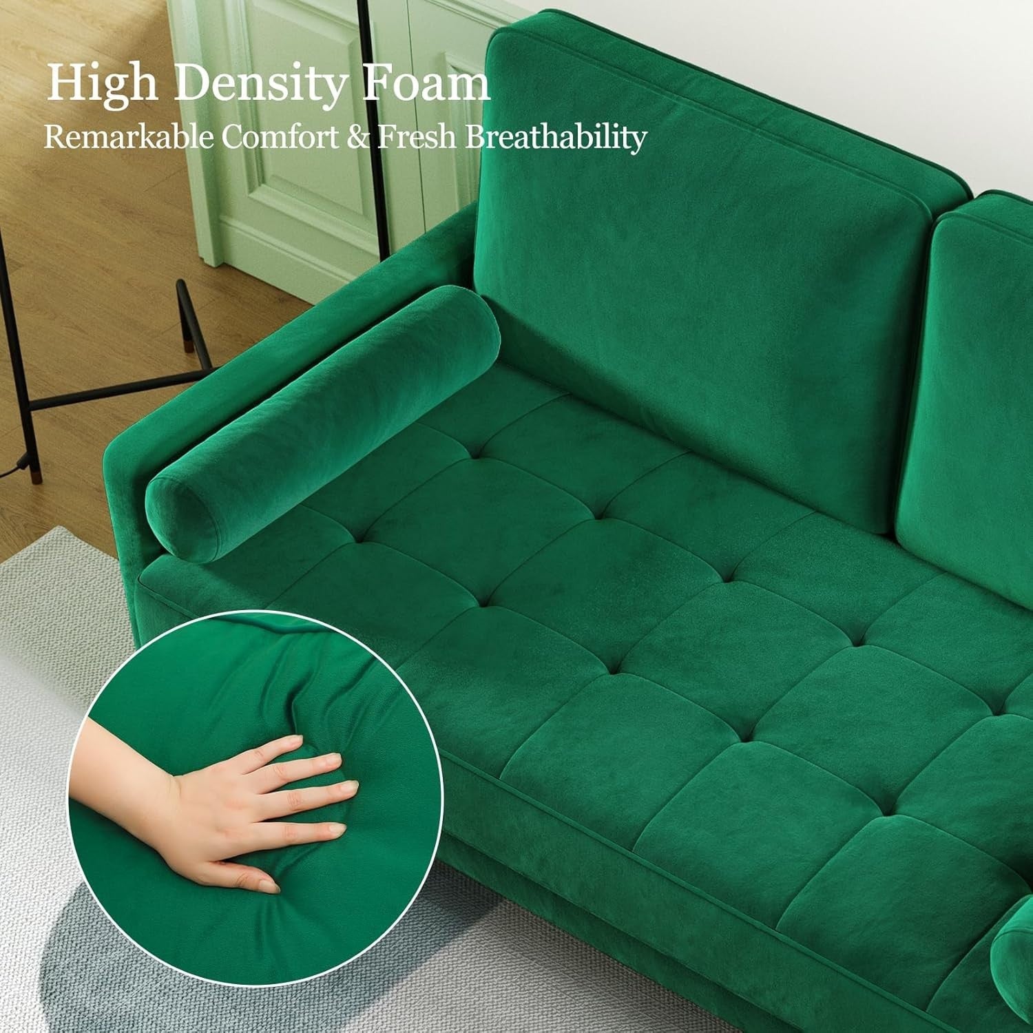 Green Velvet 2 Seater Sofa Small Space Comfy Couch Wood Legs Living Room - Kwikley
