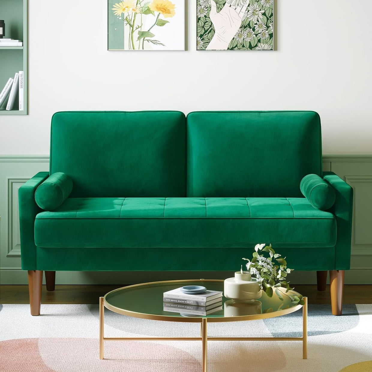 Green Velvet 2 Seater Sofa Small Space Comfy Couch Wood Legs Living Room - Kwikley