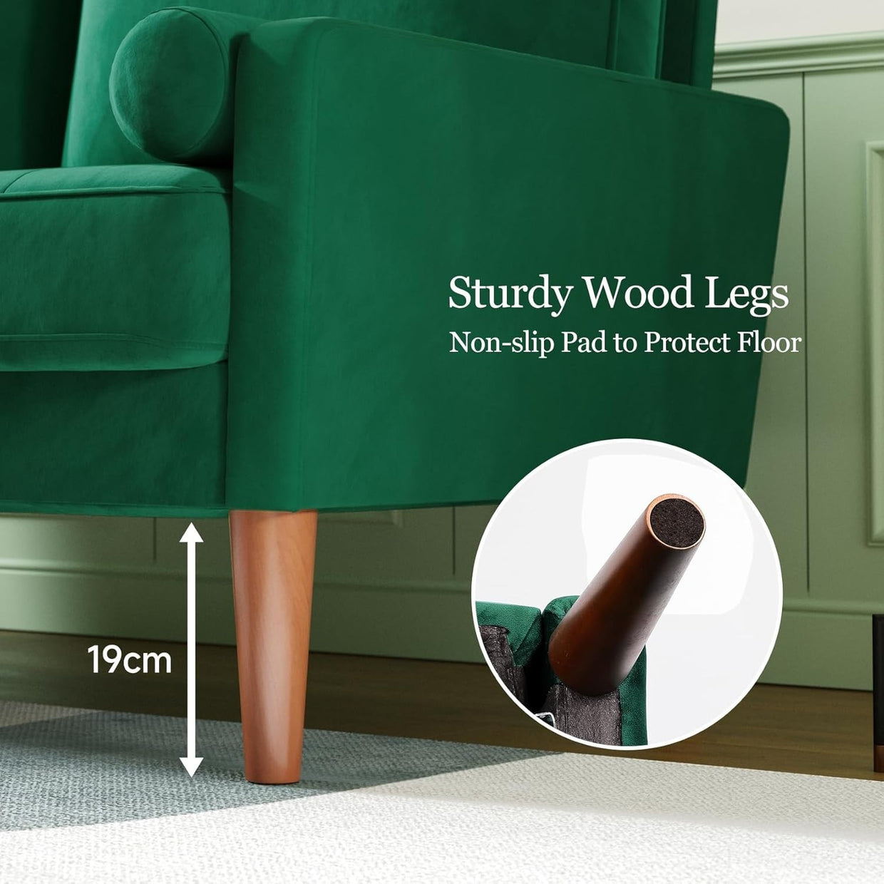 Green Velvet 2 Seater Sofa Small Space Comfy Couch Wood Legs Living Room - Kwikley