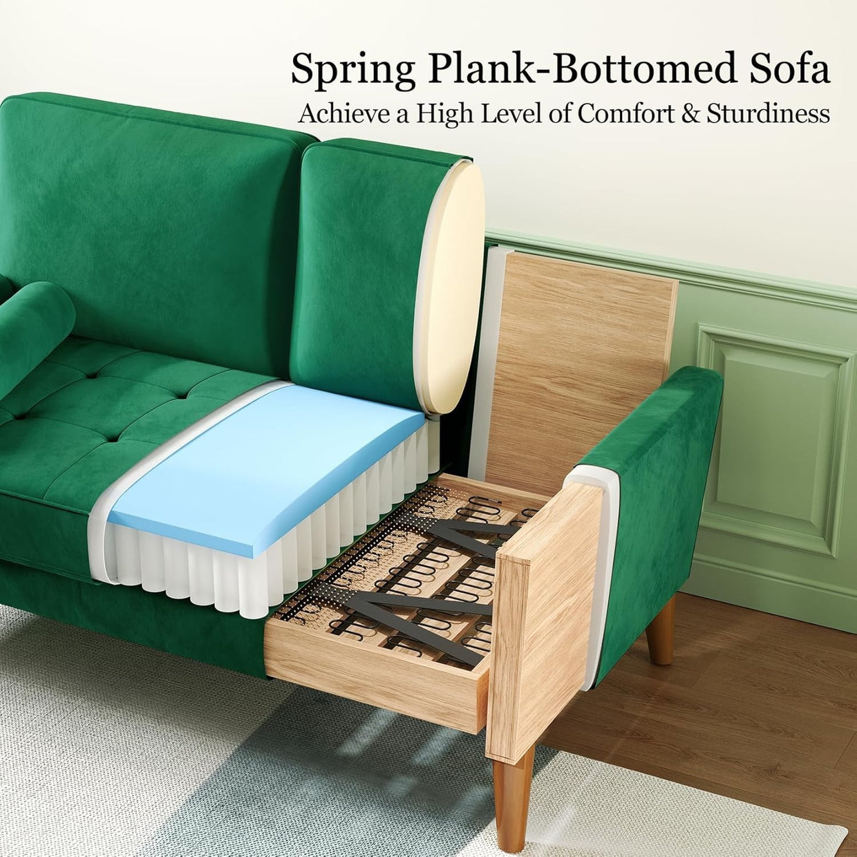 Green Velvet 2 Seater Sofa Small Space Comfy Couch Wood Legs Living Room - Kwikley