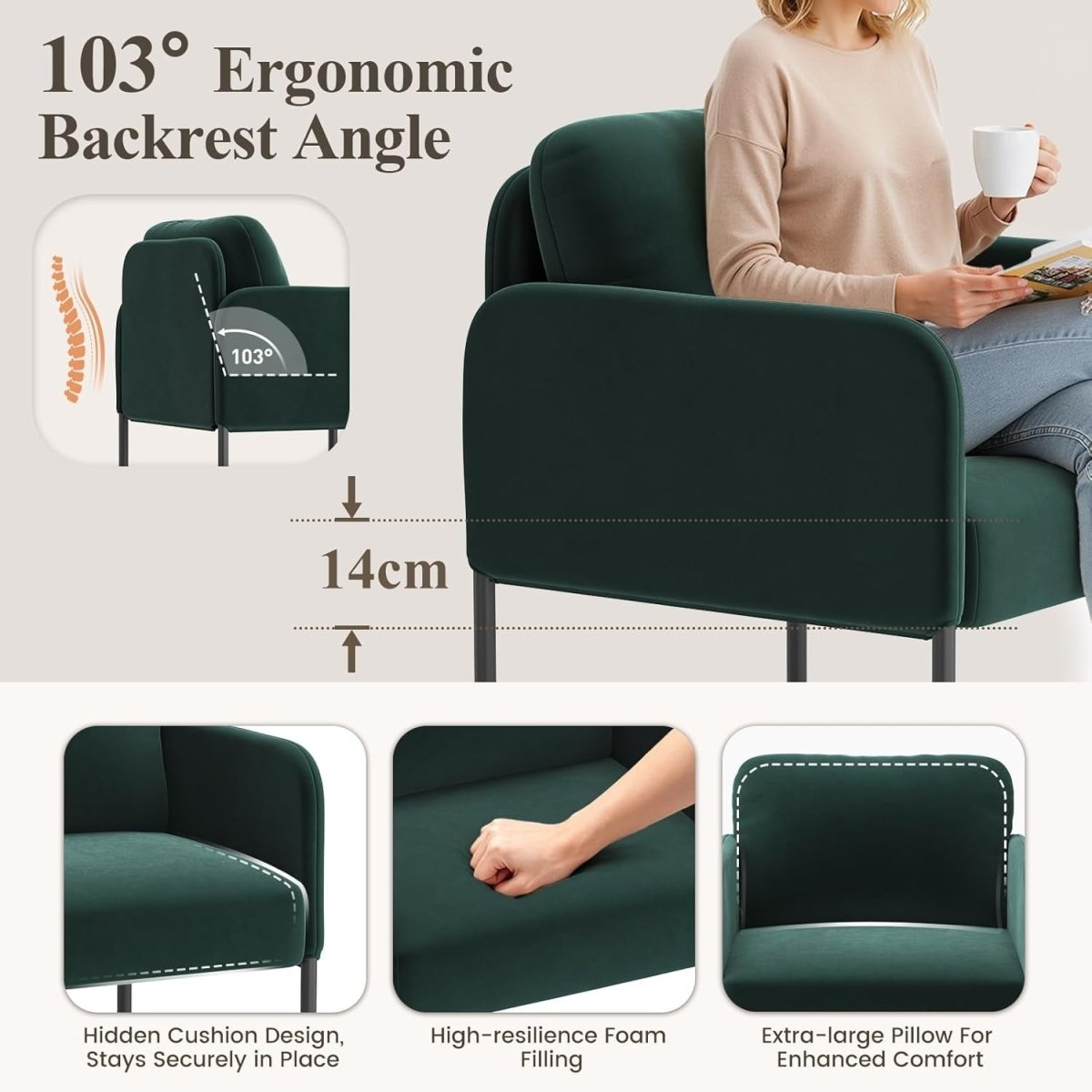 Green Velvet Accent Armchair Modern Lounge Reading Chair - Kwikley