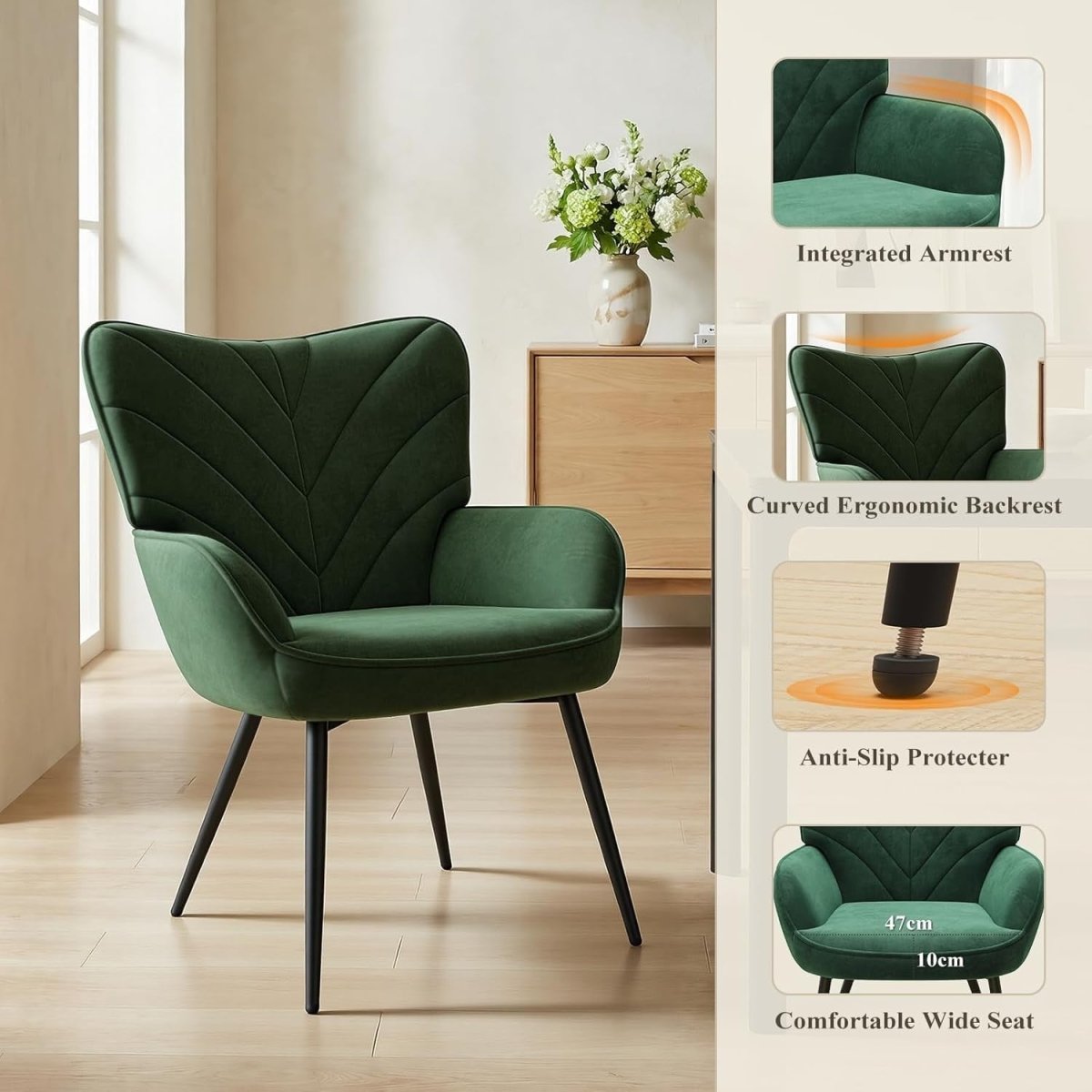 Green Velvet Accent Chair Armchair Black Metal Legs Wide Seat - Kwikley