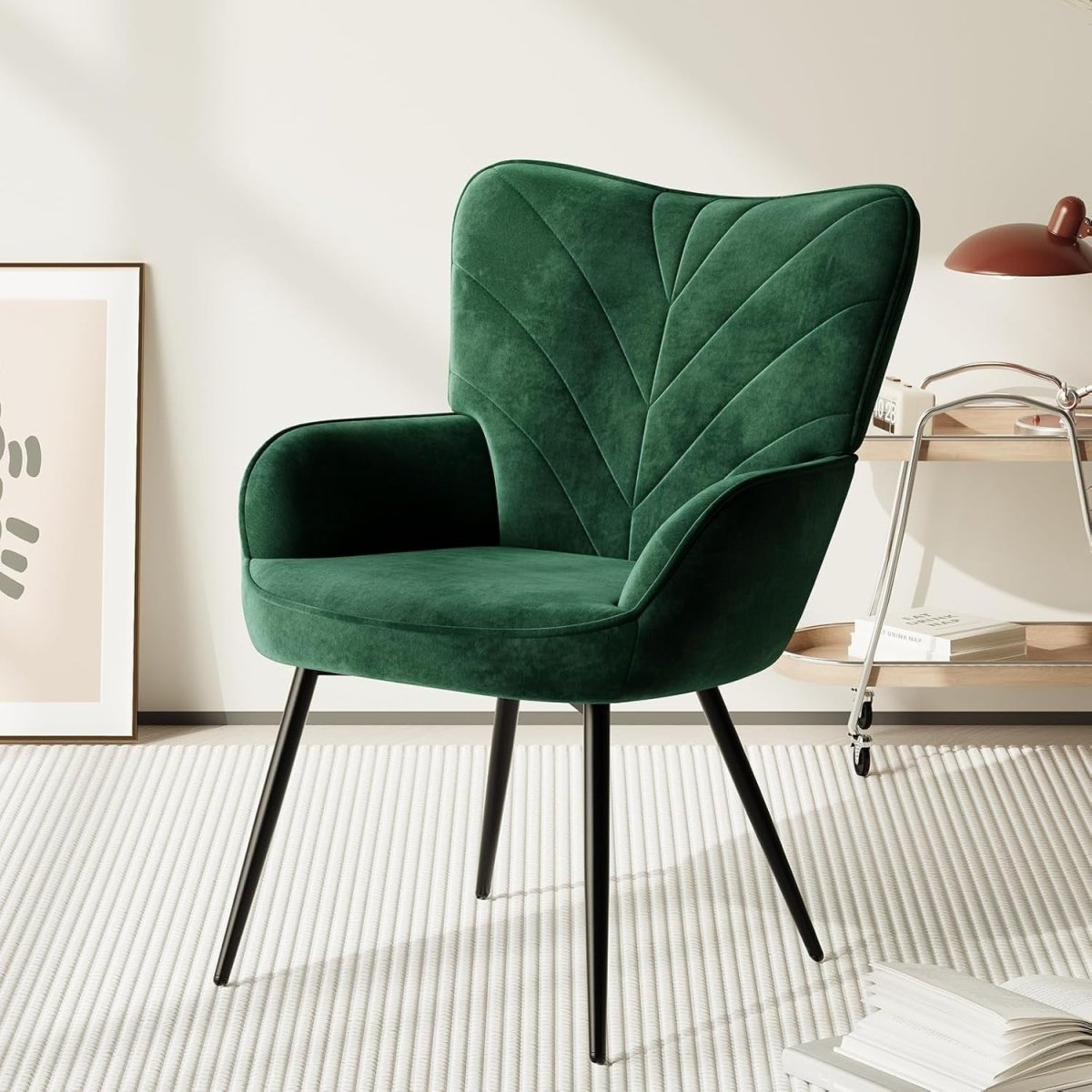 Green Velvet Accent Chair Armchair Black Metal Legs Wide Seat - Kwikley