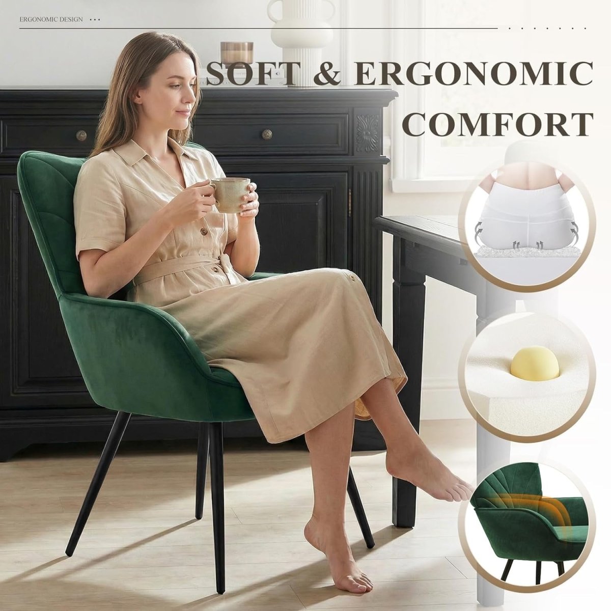 Green Velvet Accent Chair Armchair Black Metal Legs Wide Seat - Kwikley