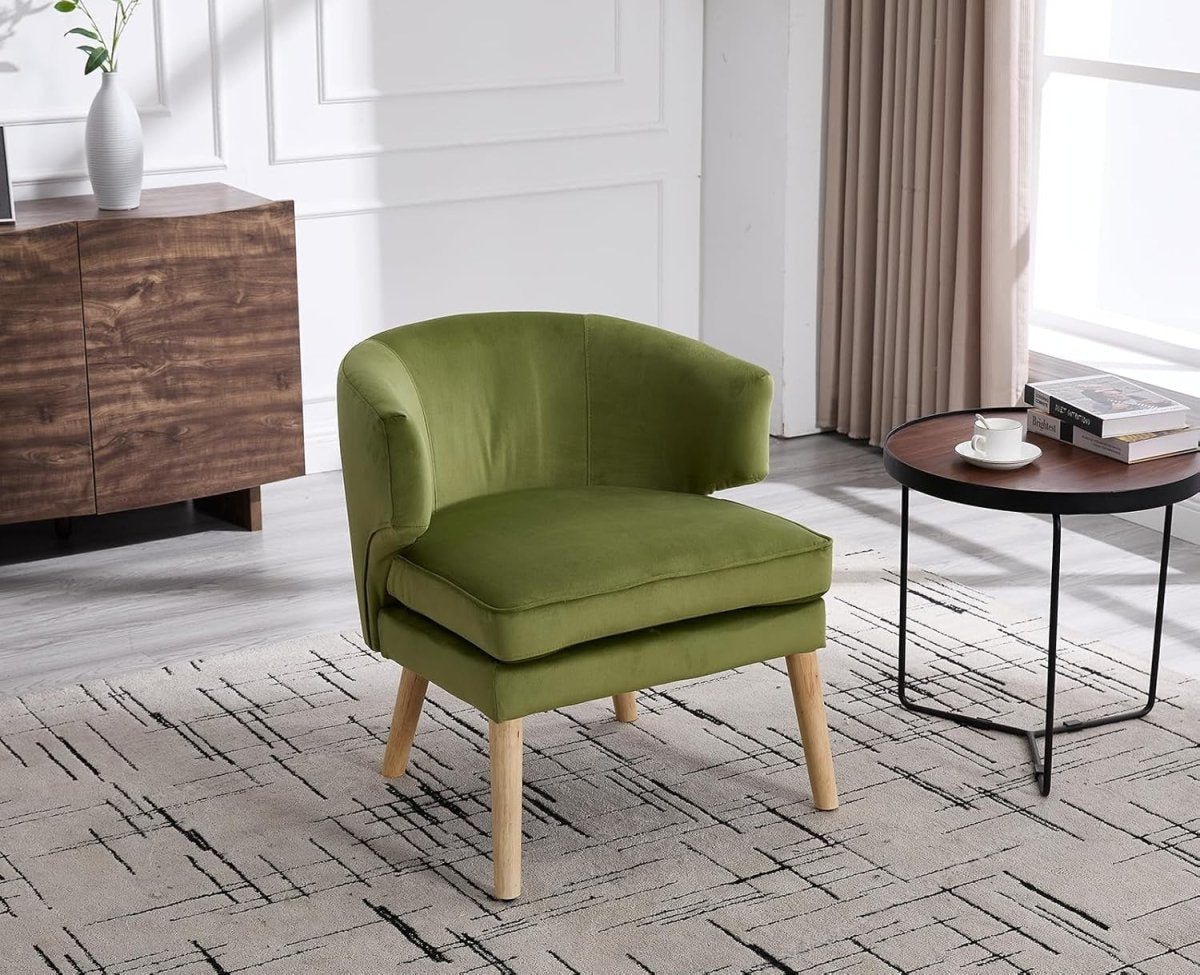 Green Velvet Accent Chair Tub Seat Armchair with Solid Wood Legs, Cozy Lounge - Kwikley