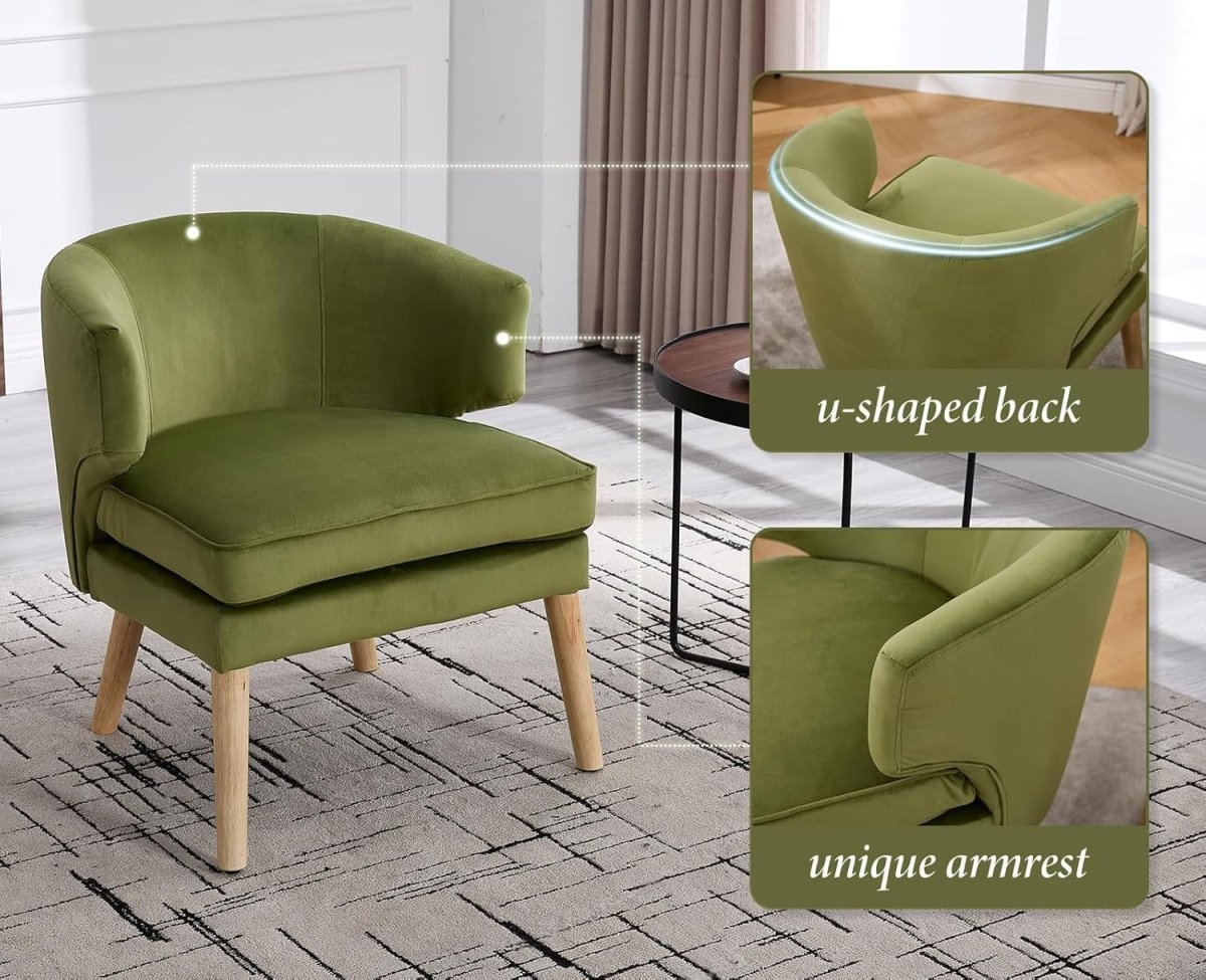 Green Velvet Accent Chair Tub Seat Armchair with Solid Wood Legs, Cozy Lounge - Kwikley