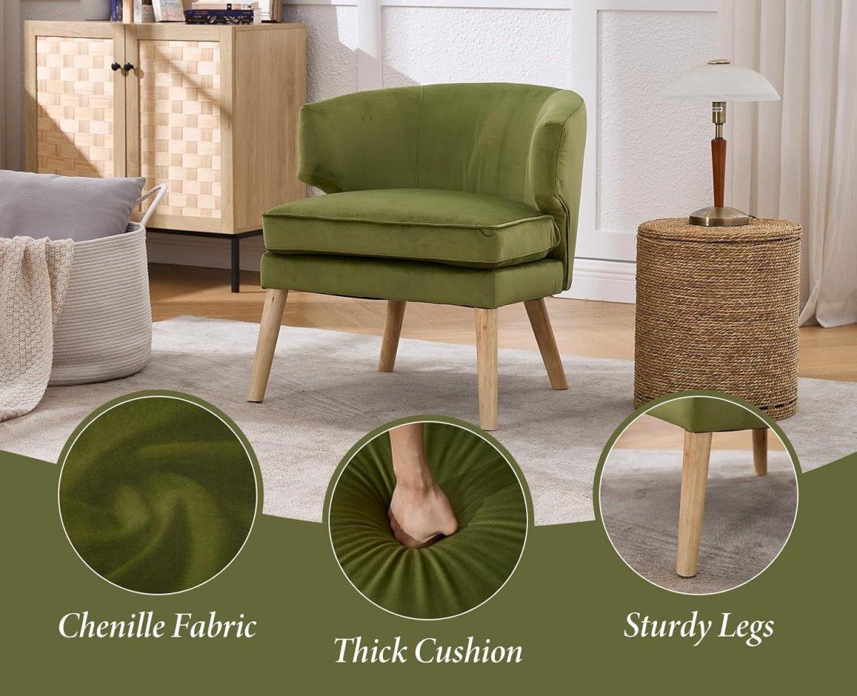Green Velvet Accent Chair Tub Seat Armchair with Solid Wood Legs, Cozy Lounge - Kwikley