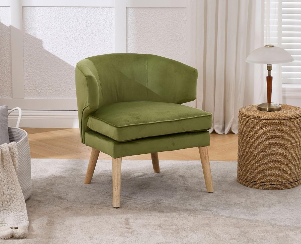 Green Velvet Accent Chair Upholstered Tub Armchair Wooden Legs - Kwikley