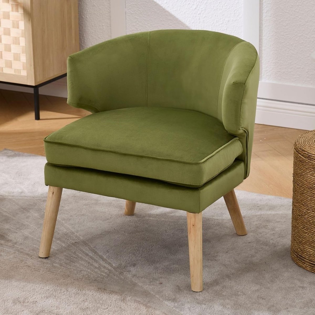 Green Velvet Accent Chair Upholstered Tub Armchair Wooden Legs - Kwikley