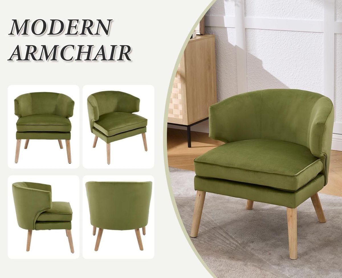 Green Velvet Accent Chair Upholstered Tub Armchair Wooden Legs - Kwikley