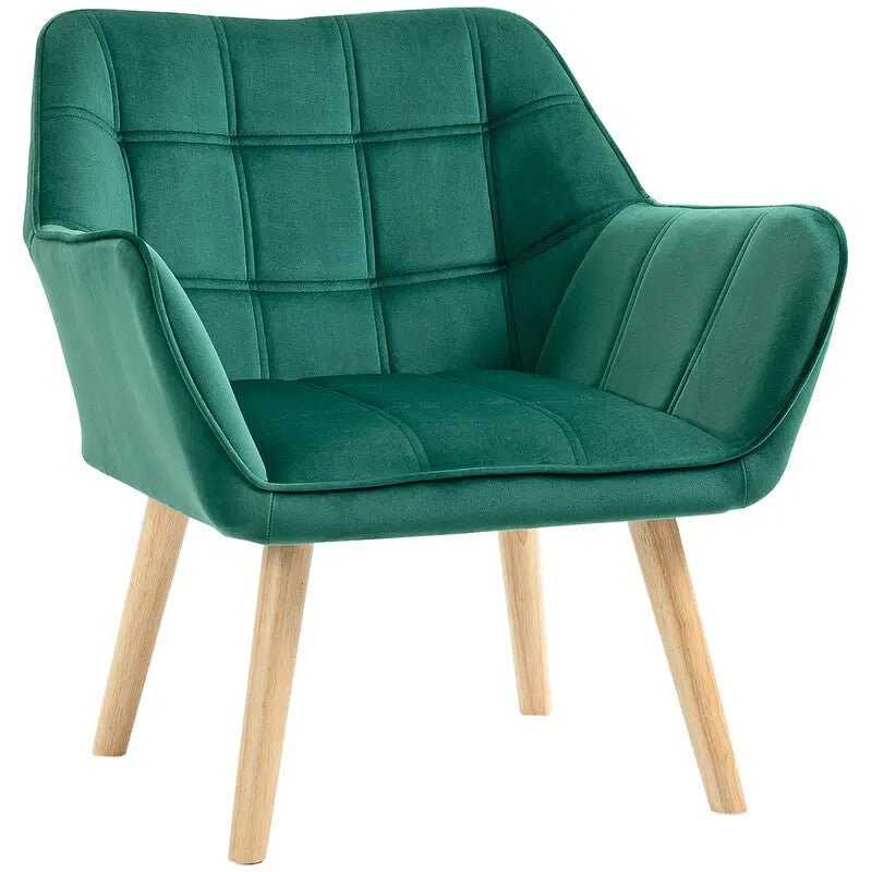 Green Velvet Accent Chair Wide Arms Slanted Back Modern Bedroom Seat - Kwikley