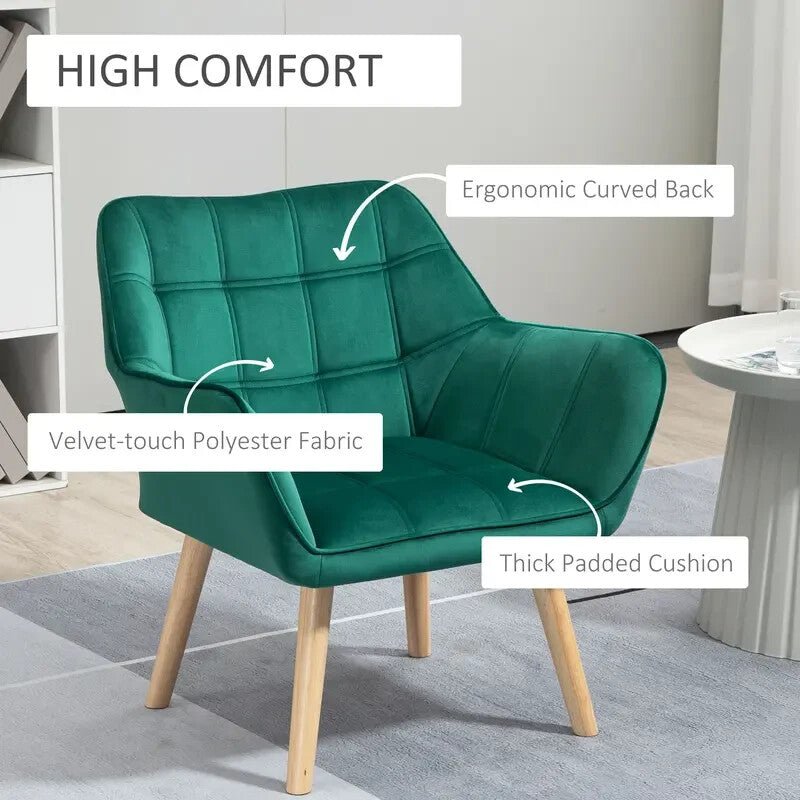 Green Velvet Accent Chair Wide Arms Slanted Back Modern Bedroom Seat - Kwikley