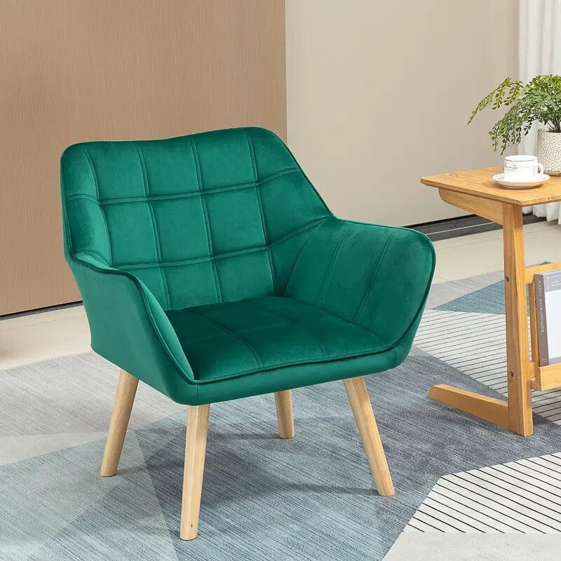 Green Velvet Accent Chair Wide Arms Slanted Back Modern Bedroom Seat - Kwikley