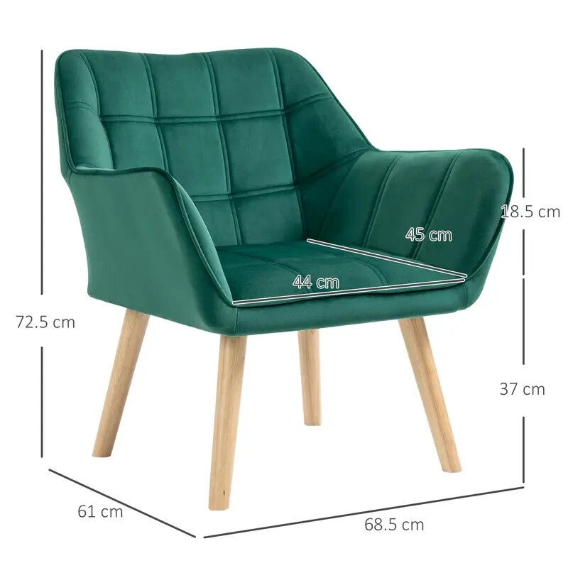 Green Velvet Accent Chair Wide Arms Slanted Back Modern Bedroom Seat - Kwikley