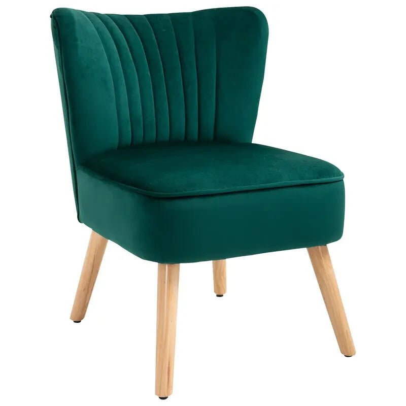 Green Velvet Armless Accent Chair Wooden Legs Tub Lounge Seat for Bedroom - Kwikley