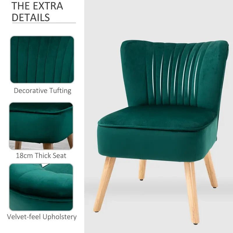 Green Velvet Armless Accent Chair Wooden Legs Tub Lounge Seat for Bedroom - Kwikley