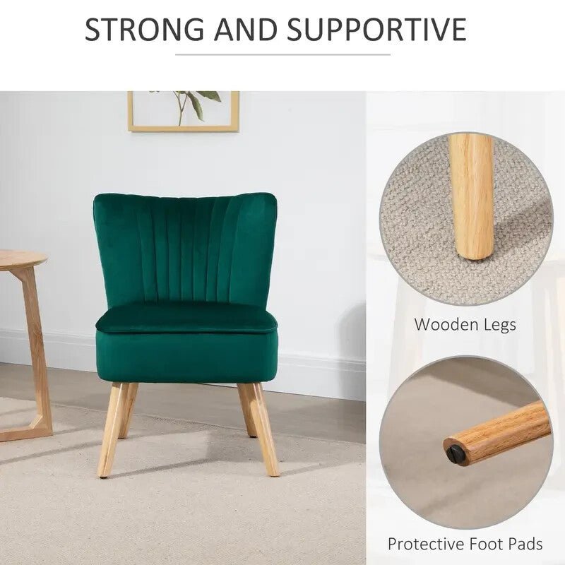 Green Velvet Armless Accent Chair Wooden Legs Tub Lounge Seat for Bedroom - Kwikley