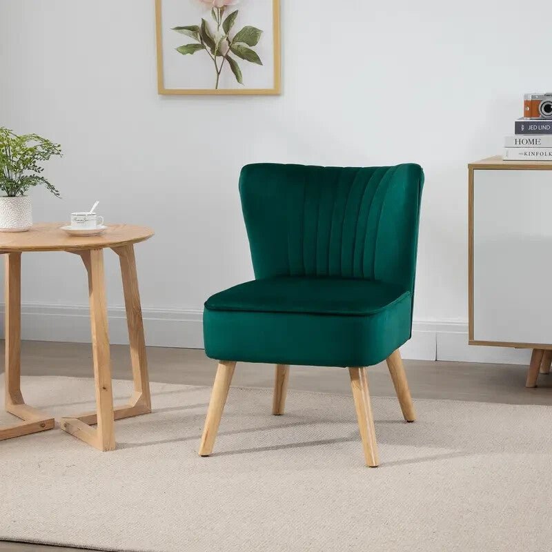 Green Velvet Armless Accent Chair Wooden Legs Tub Lounge Seat for Bedroom - Kwikley