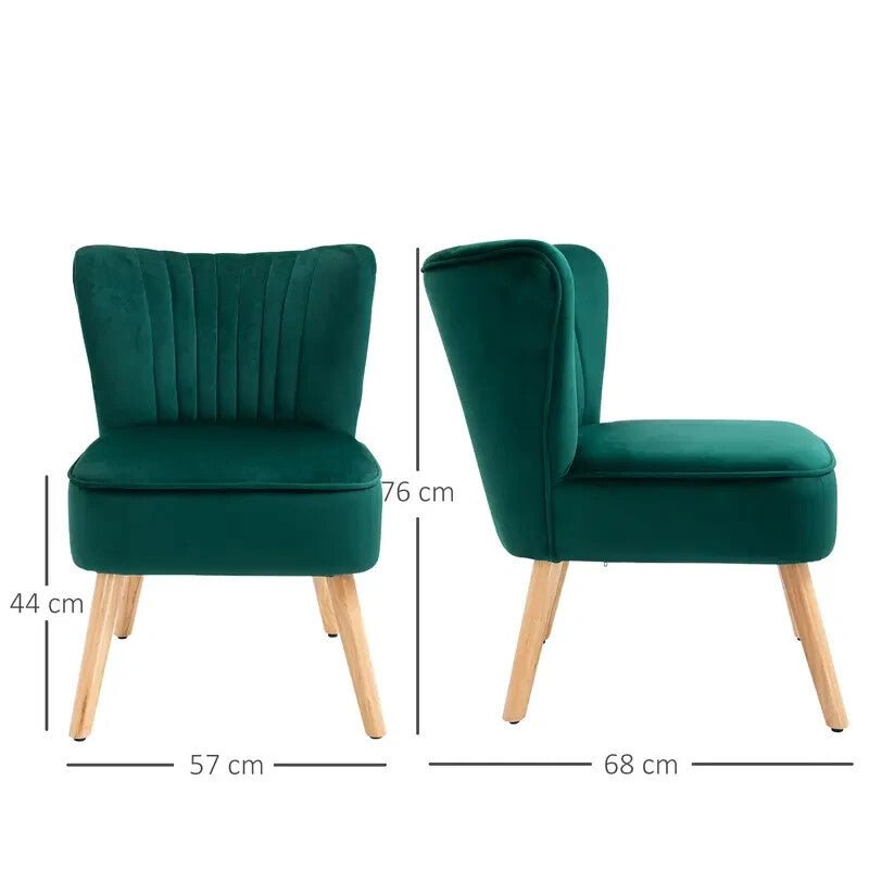 Green Velvet Armless Accent Chair Wooden Legs Tub Lounge Seat for Bedroom - Kwikley