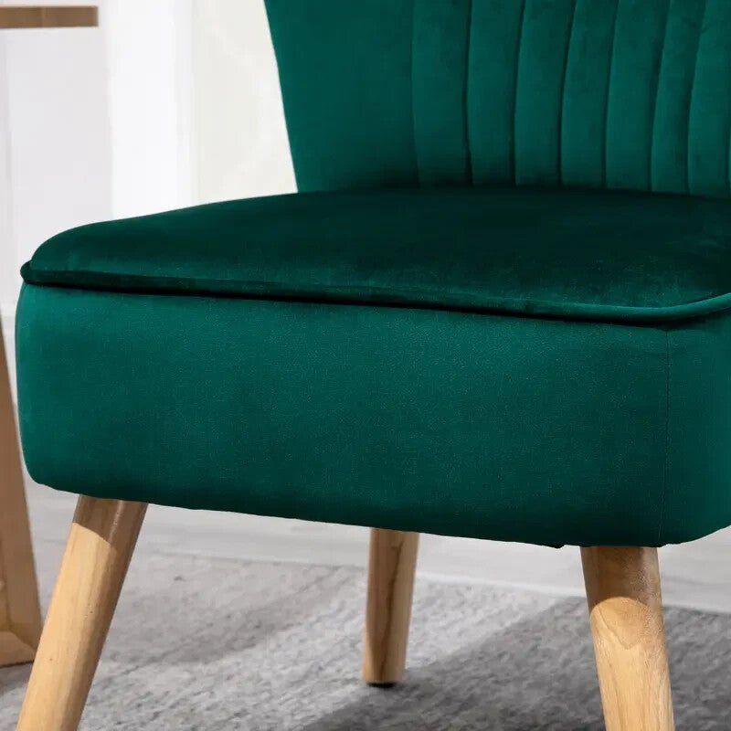 Green Velvet Armless Accent Chair Wooden Legs Tub Lounge Seat for Bedroom - Kwikley