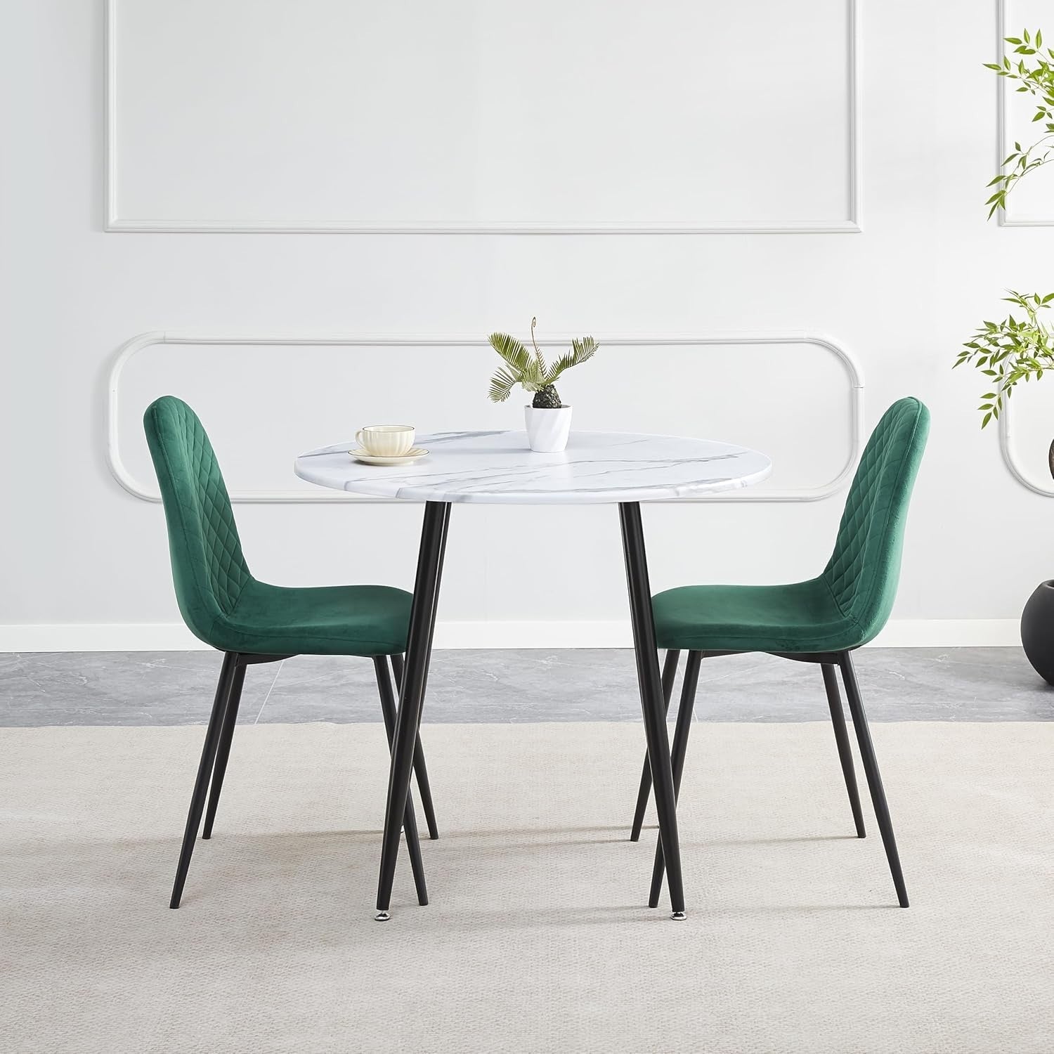 Green Velvet Chairs Round Marble Dining Table Set 90cm 3pc Modern Home - Kwikley