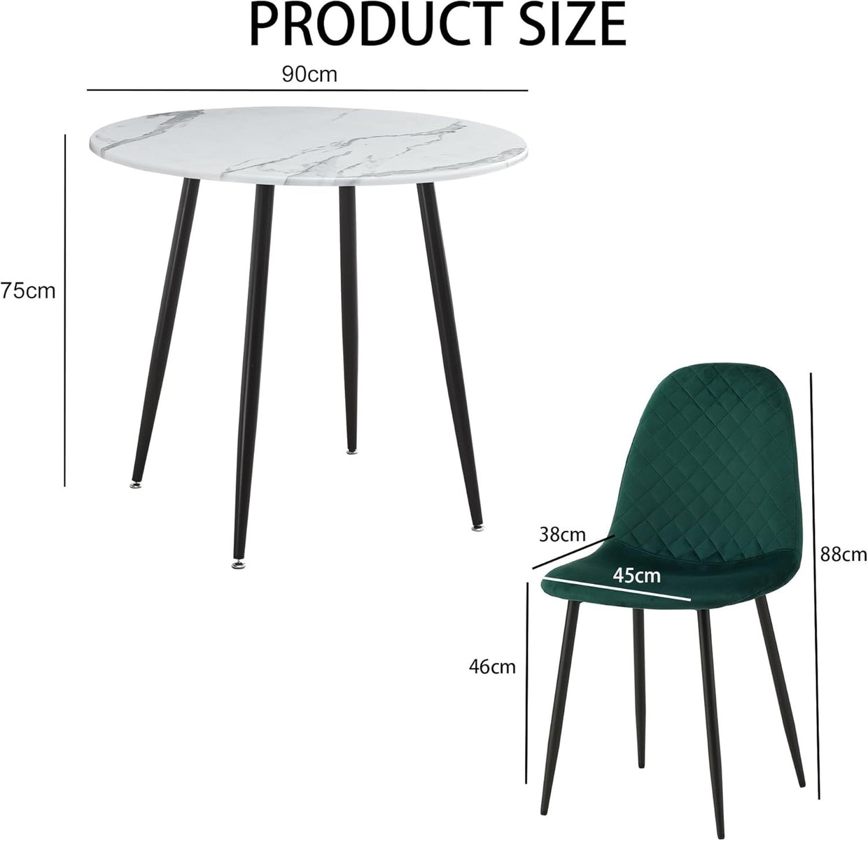 Green Velvet Chairs Round Marble Dining Table Set 90cm 3pc Modern Home - Kwikley