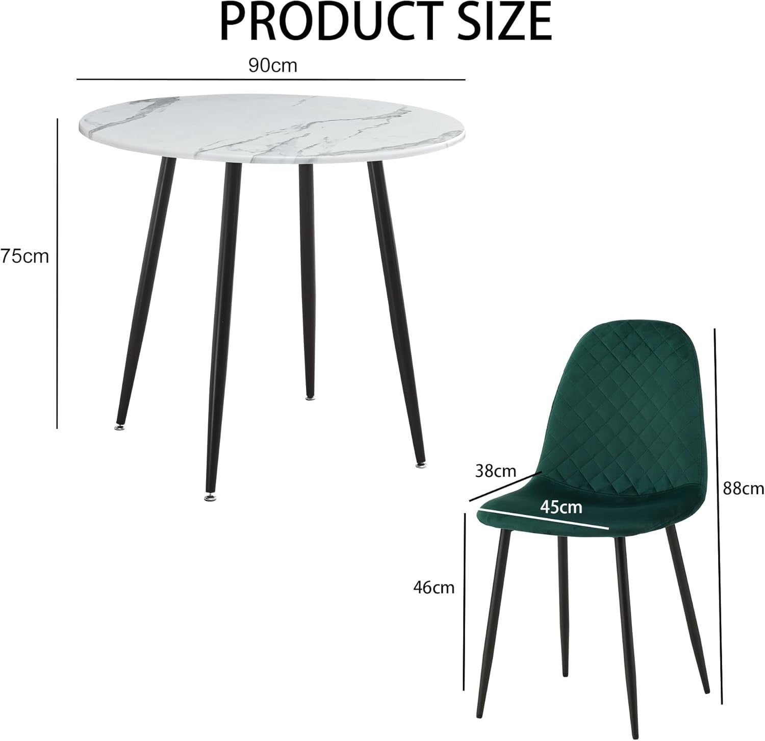 Green Velvet Chairs Round Marble Dining Table Set 90cm 3pc Modern Home - Kwikley