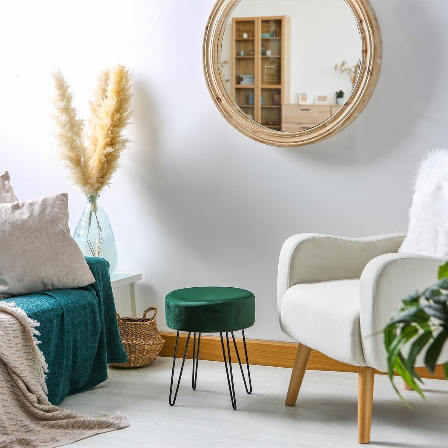 Green Velvet Round Footstool with Black Legs – Modern Dressing Table Stool - Kwikley