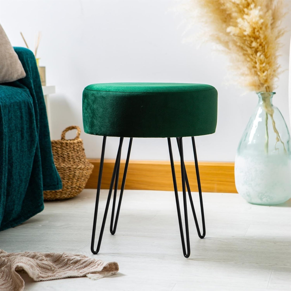 Green Velvet Round Footstool with Black Legs – Modern Dressing Table Stool - Kwikley