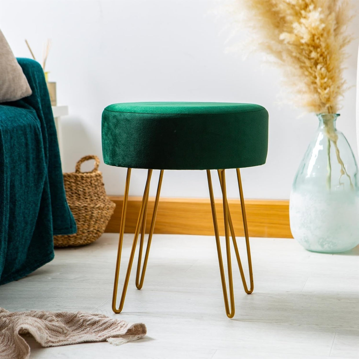 Green Velvet Round Footstool with Gold Legs – Modern Compact Pouffe Seat - Kwikley