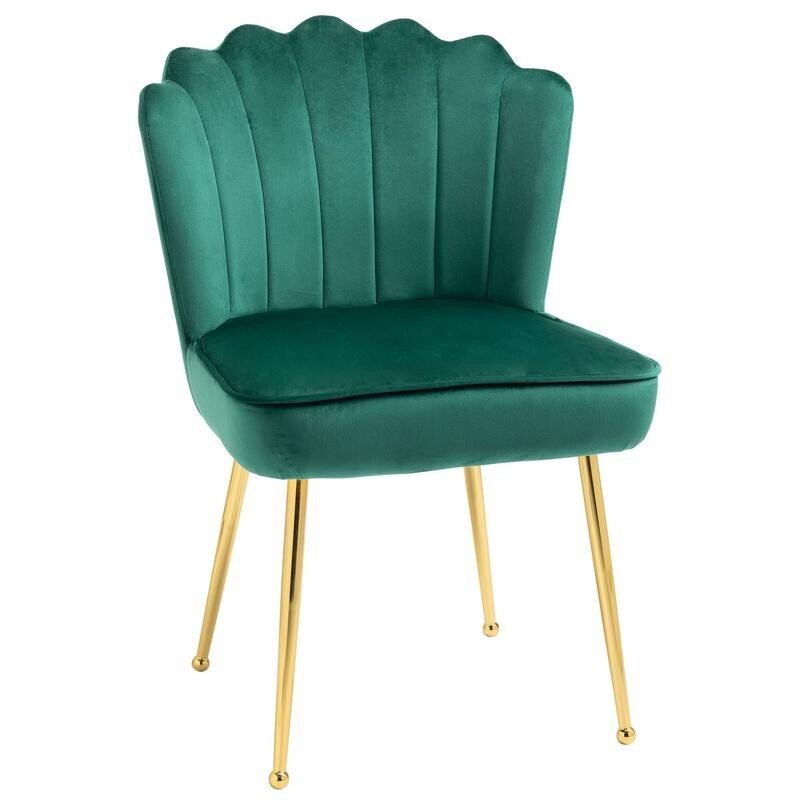 Green Velvet Shell Back Accent Chair Gold Legs Vanity Lounge Bedroom Seat - Kwikley