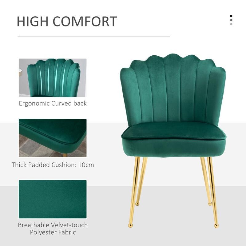 Green Velvet Shell Back Accent Chair Gold Legs Vanity Lounge Bedroom Seat - Kwikley