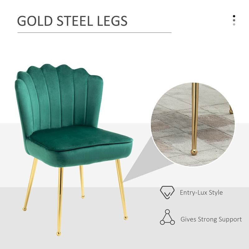 Green Velvet Shell Back Accent Chair Gold Legs Vanity Lounge Bedroom Seat - Kwikley