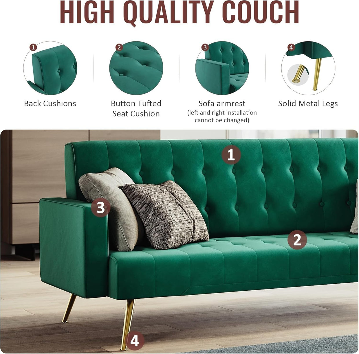 Green Velvet Sofa Bed 3 Seater Click Clack Couch for Lounge Home Office - Kwikley