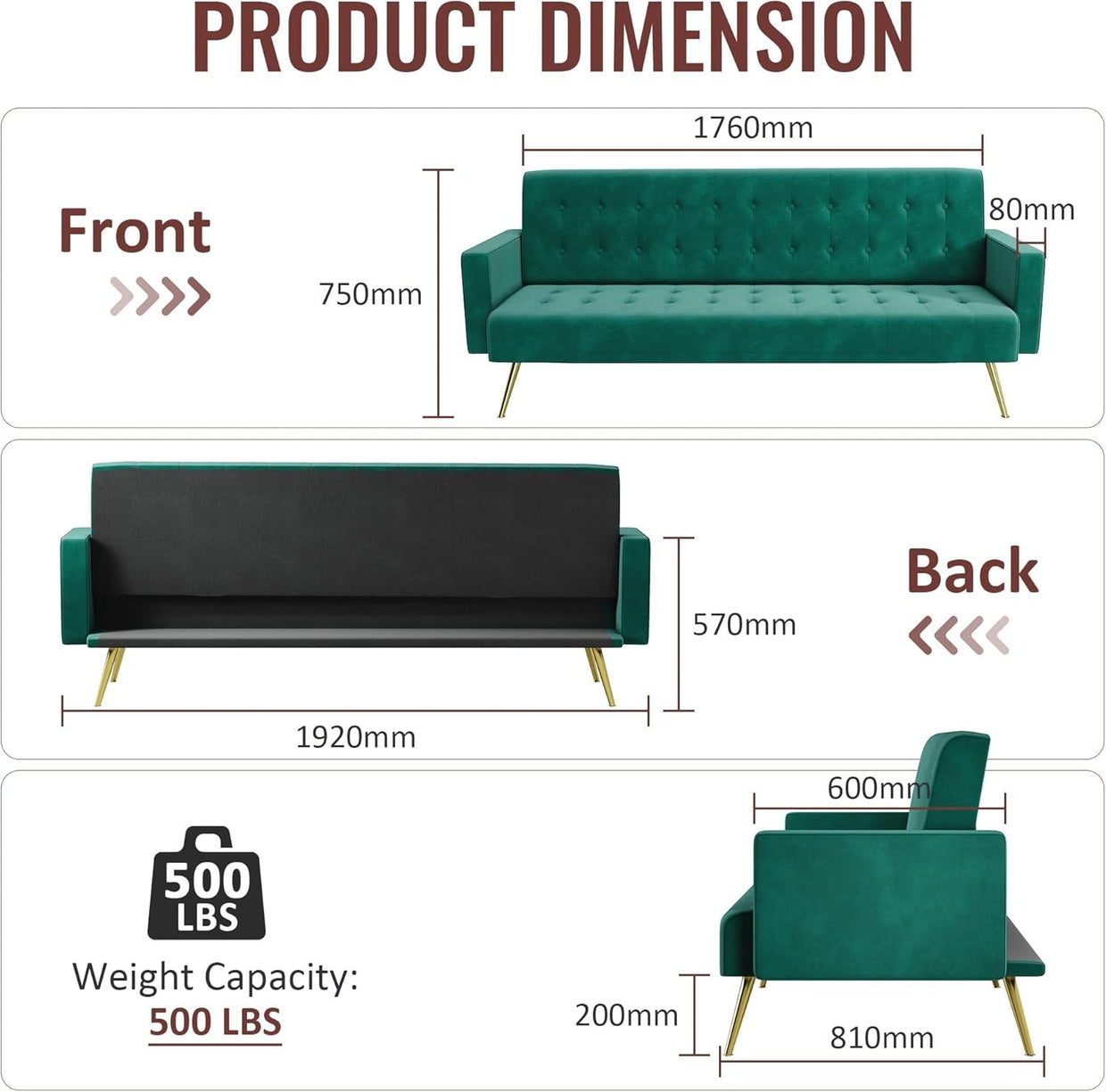 Green Velvet Sofa Bed 3 Seater Click Clack Couch for Lounge Home Office - Kwikley