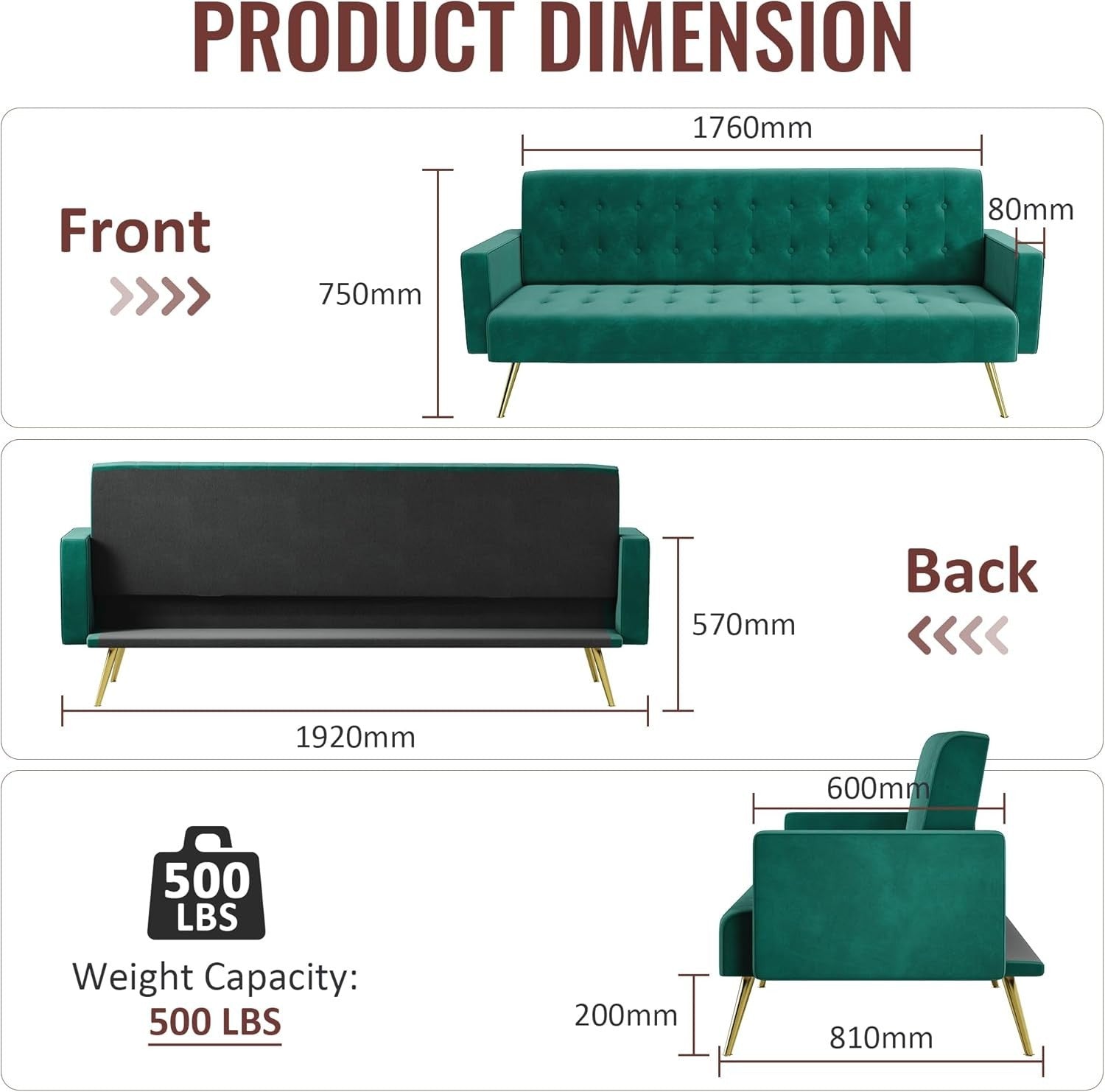 Green Velvet Sofa Bed 3 Seater Click Clack Couch for Lounge Home Office - Kwikley