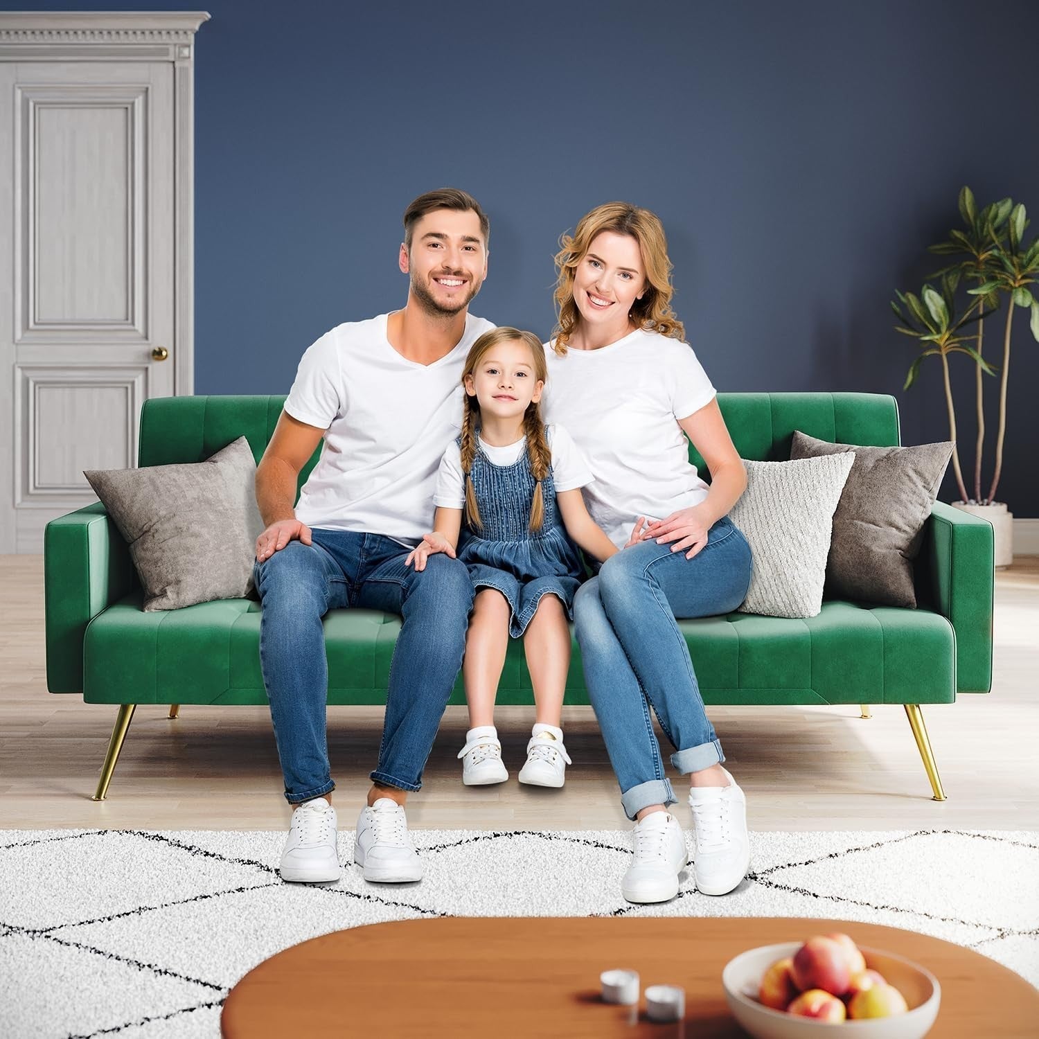 Green Velvet Sofa Bed 3 Seater Click Clack Couch for Lounge Home Office - Kwikley