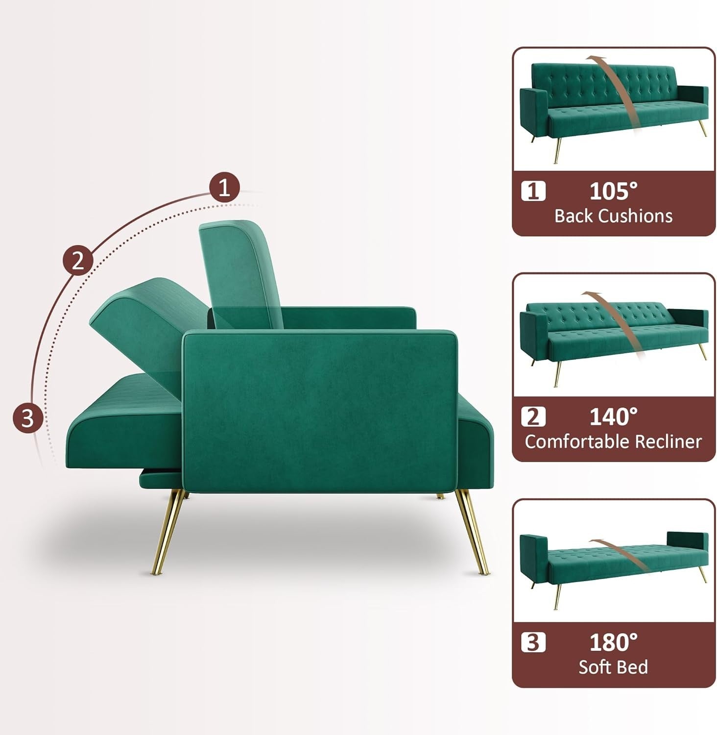 Green Velvet Sofa Bed 3 Seater Click Clack Couch for Lounge Home Office - Kwikley
