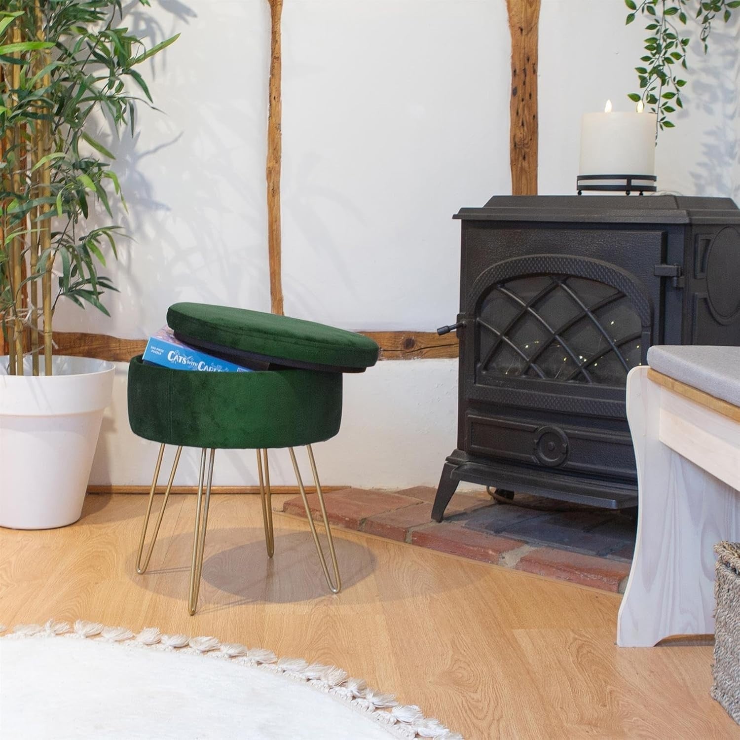Green Velvet Storage Footstool with Gold Legs – Round Modern Pouffe 36×36×45cm - Kwikley
