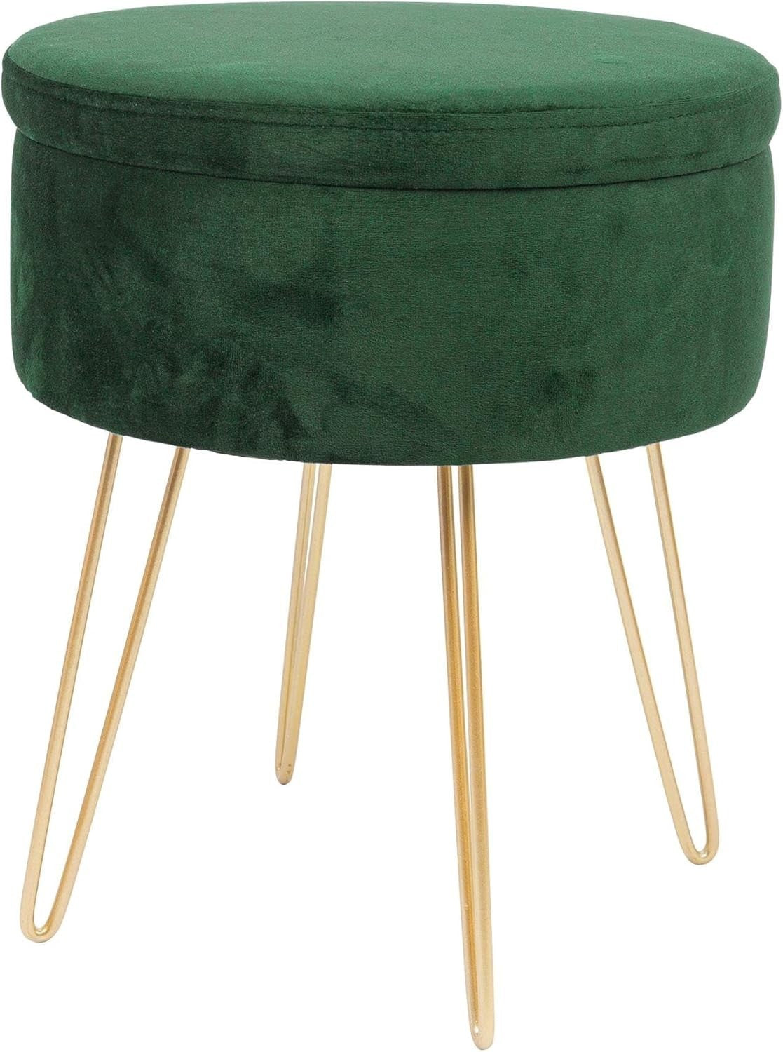 Green Velvet Storage Footstool with Gold Legs – Round Modern Pouffe 36×36×45cm - Kwikley
